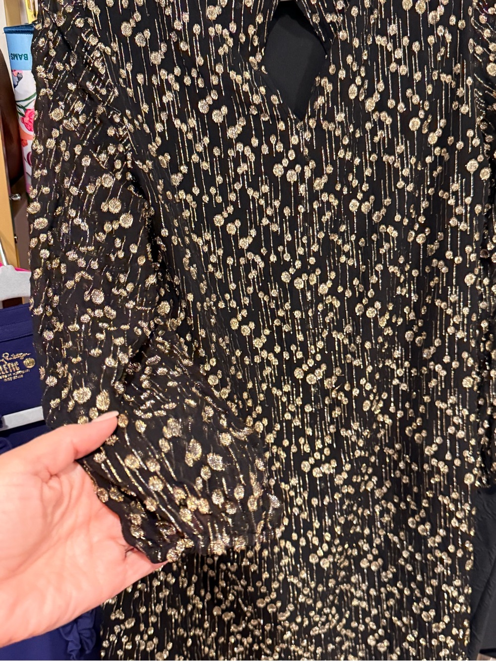 Sail to Sable “Clifton” Black Dress with Gold Metallic Dot Pattern - Picture 2 of 4